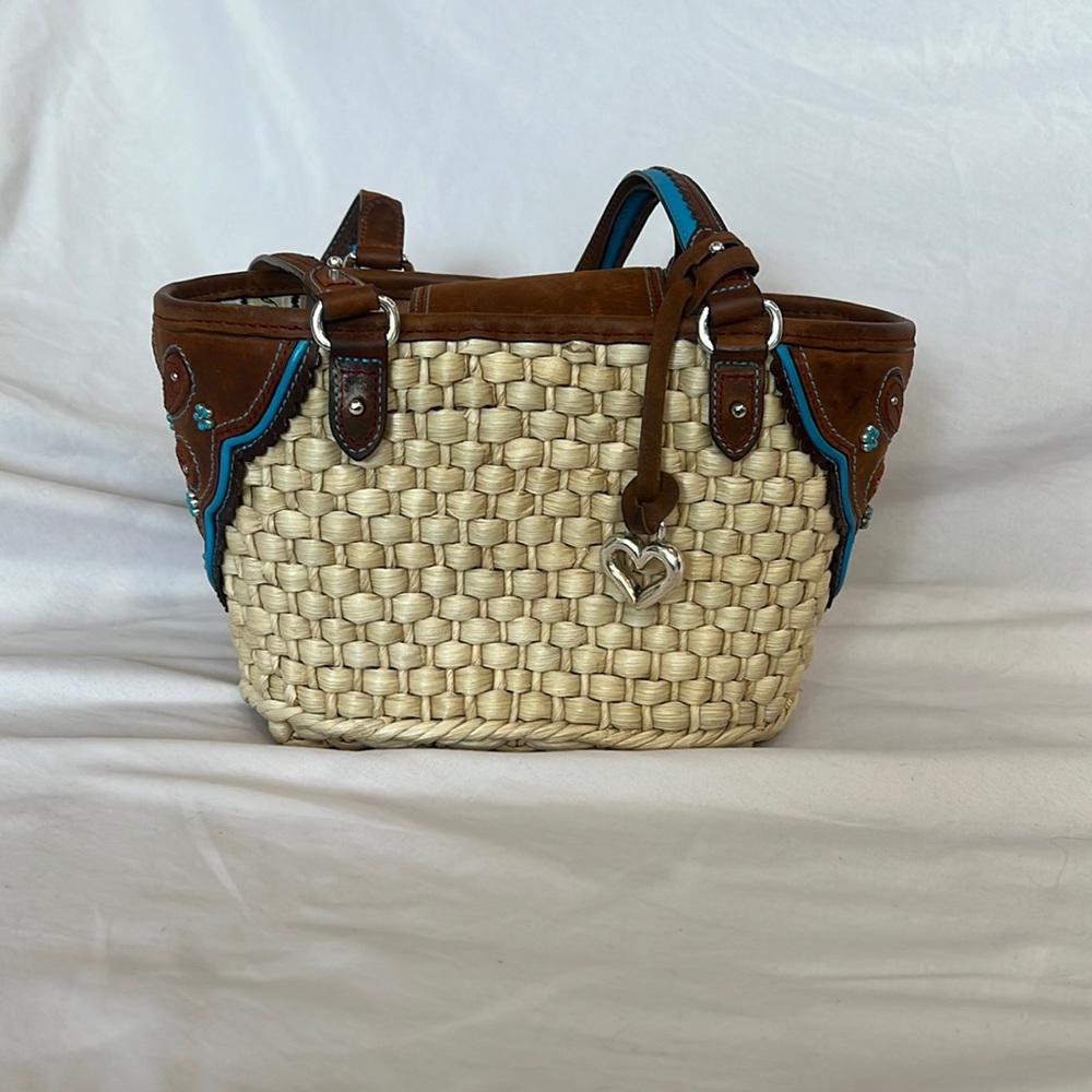 Brighton straw tote bag with turquoise accents